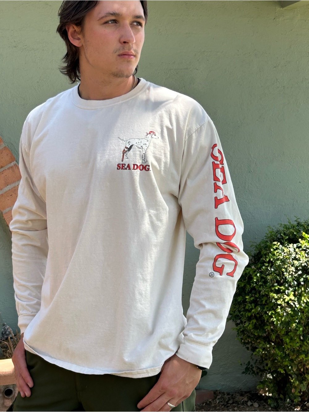 Sea Dog Cream Long Sleeve Tee with Red Logo. Brand Comfort Colors size XL